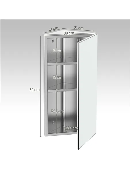 HOMCOM Stainless Steel Wall mounted Bathroom Corner Mirror Storage Cabinet Single Door 300mm (W)