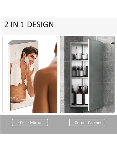 HOMCOM Stainless Steel Wall mounted Bathroom Corner Mirror Storage Cabinet Single Door 300mm (W)
