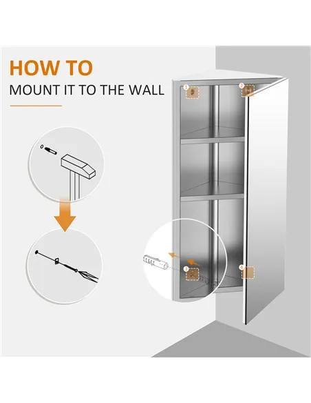 HOMCOM Stainless Steel Wall mounted Bathroom Corner Mirror Storage Cabinet Single Door 300mm (W)