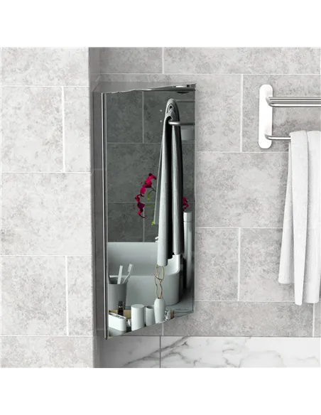 HOMCOM Stainless Steel Wall mounted Bathroom Corner Mirror Storage Cabinet Single Door 300mm (W)