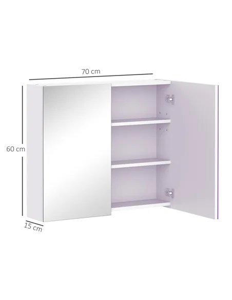 HOMCOM Mirror Cabinet, Wall Mount Bathroom Storage Cabinet with Adjustable Shelf, Double Door Cupboard, 70 x 15 x 60 cm, White
