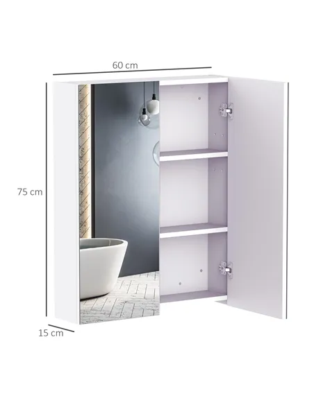 HOMCOM Mirror Cabinet, Wall Mount Bathroom Storage Cabinet with Adjustable Shelf, Double Door Cupboard, 60 x 15 x 75 cm, White