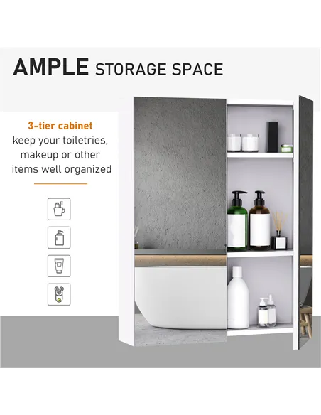 HOMCOM Mirror Cabinet, Wall Mount Bathroom Storage Cabinet with Adjustable Shelf, Double Door Cupboard, 60 x 15 x 75 cm, White