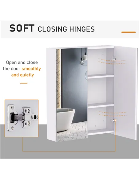 HOMCOM Mirror Cabinet, Wall Mount Bathroom Storage Cabinet with Adjustable Shelf, Double Door Cupboard, 60 x 15 x 75 cm, White