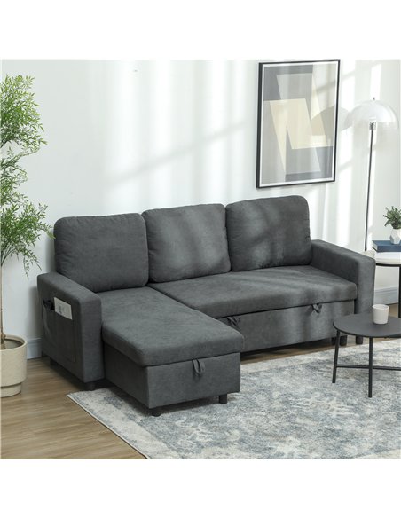 HOMCOM L Sofa Bed, with Storage - Charcoal Grey