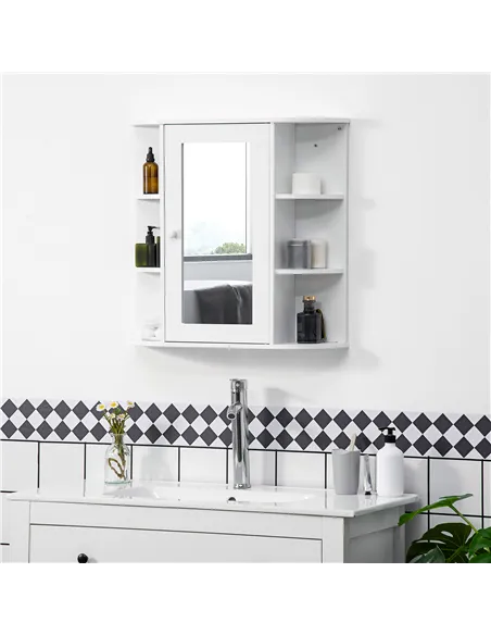 HOMCOM Wall Mounted Bathroom Cabinet with Mirror Single Door Storage Organizer 2-tier Inner Shelves White