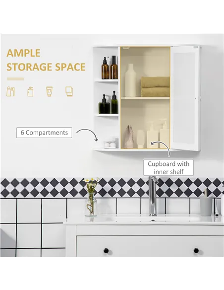 HOMCOM Wall Mounted Bathroom Cabinet with Mirror Single Door Storage Organizer 2-tier Inner Shelves White