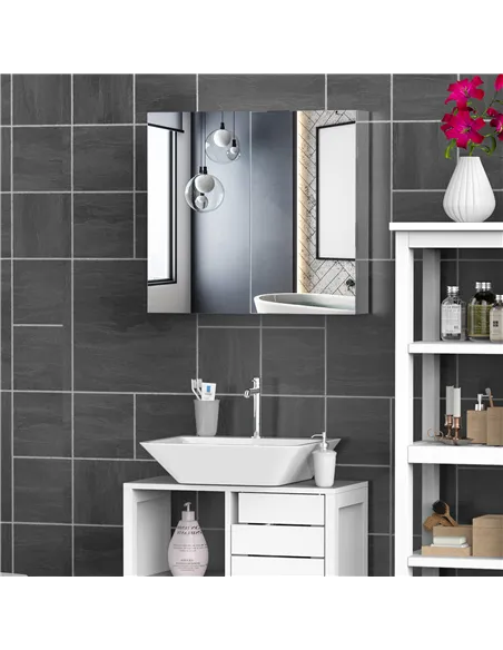 HOMCOM Bathroom Mirror Cabinet, Stainless Steel Wall Mounted  Bathroom Storage Cabinet with Double Doors, 60x55cm