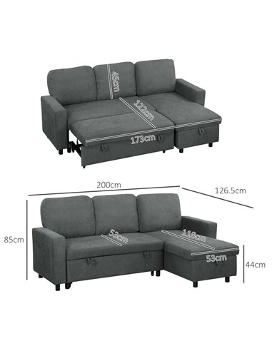 HOMCOM L Sofa Bed, with Storage - Charcoal Grey