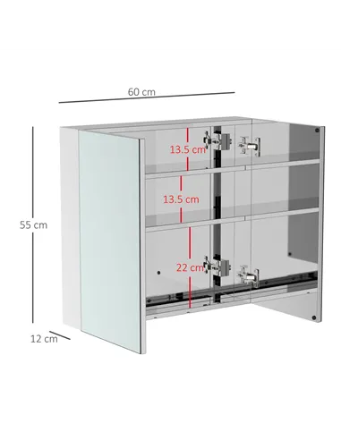 HOMCOM Bathroom Mirror Cabinet, Stainless Steel Wall Mounted  Bathroom Storage Cabinet with Double Doors, 60x55cm