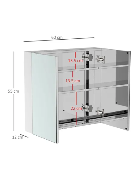 HOMCOM Bathroom Mirror Cabinet, Stainless Steel Wall Mounted  Bathroom Storage Cabinet with Double Doors, 60x55cm