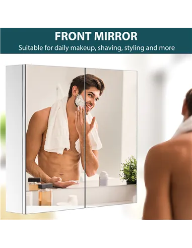 HOMCOM Bathroom Mirror Cabinet, Stainless Steel Wall Mounted  Bathroom Storage Cabinet with Double Doors, 60x55cm