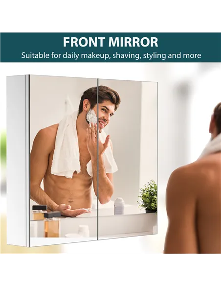 HOMCOM Bathroom Mirror Cabinet, Stainless Steel Wall Mounted  Bathroom Storage Cabinet with Double Doors, 60x55cm