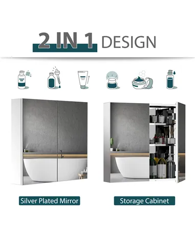 HOMCOM Bathroom Mirror Cabinet, Stainless Steel Wall Mounted  Bathroom Storage Cabinet with Double Doors, 60x55cm