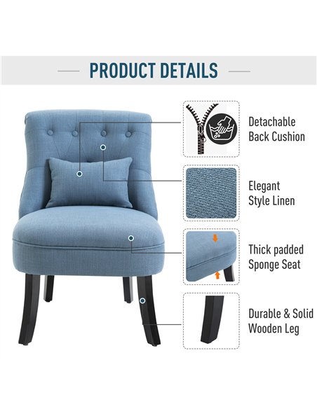 HOMCOM Fabric Single Sofa Dining Chair Tub Chair Upholstered W/ Pillow Solid Wood Leg Home Living Room Furniture Blue