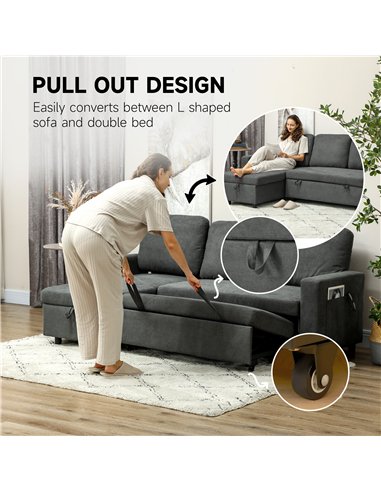 HOMCOM L Sofa Bed, with Storage - Charcoal Grey
