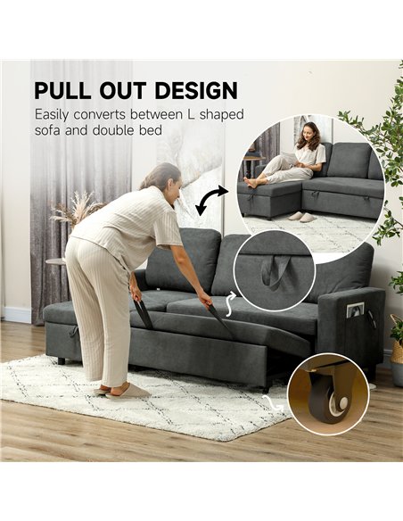 HOMCOM L Sofa Bed, with Storage - Charcoal Grey