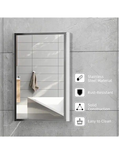 HOMCOM Stainless Steel Wall mounted Bathroom Mirror Cabinet 2 Shelves Storage Unit Furniture w/Single Door (60H x 40L x 13D (cm)