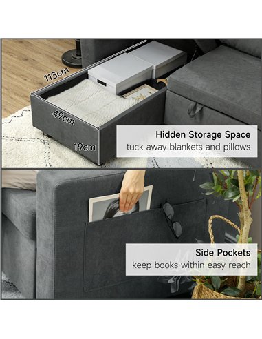 HOMCOM L Sofa Bed, with Storage - Charcoal Grey