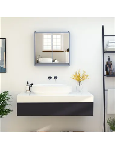 HOMCOM Wall Mounted Mirror Cabinet with Storage Shelf Bathroom Cupboard Double Door Grey