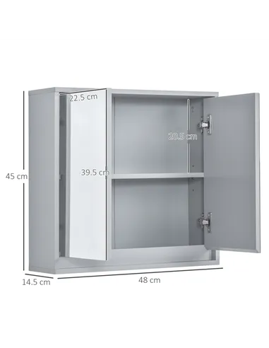 HOMCOM Wall Mounted Mirror Cabinet with Storage Shelf Bathroom Cupboard Double Door Grey