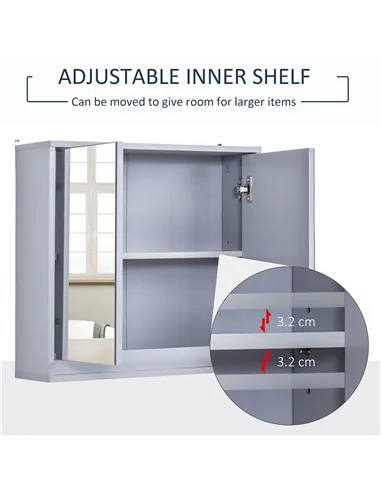 HOMCOM Wall Mounted Mirror Cabinet with Storage Shelf Bathroom Cupboard Double Door Grey