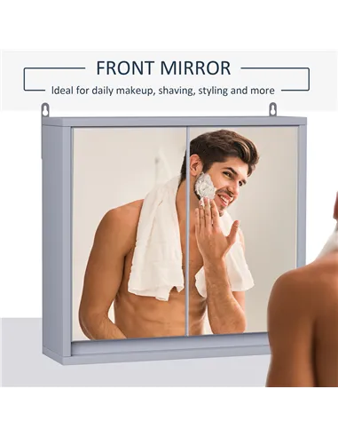 HOMCOM Wall Mounted Mirror Cabinet with Storage Shelf Bathroom Cupboard Double Door Grey