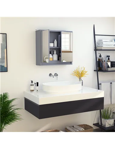 HOMCOM Wall Mounted Mirror Cabinet with Storage Shelf Bathroom Cupboard Double Door Grey