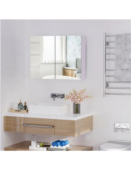 HOMCOM 80 x 15 cm Double Door Bathroom Mirror Cabinet - White