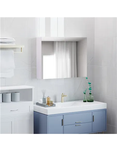 HOMCOM 80 x 15 cm Double Door Bathroom Mirror Cabinet - White