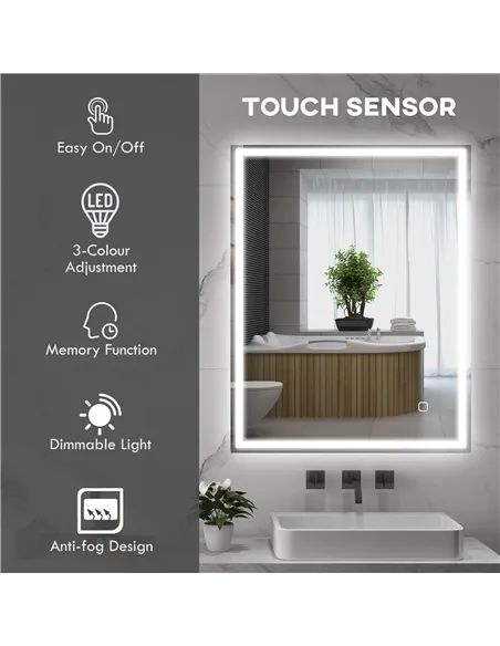 HOMCOM 90 x 70cm LED Bathroom Mirror with Lights, Dimmable Makeup Mirror, Vanity Mirror with 3 Colour, Smart Touch, Anti-Fog