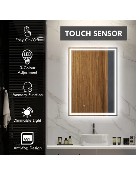 HOMCOM 70 x 50cm LED Bathroom Mirror with Lights, Dimmable Makeup Mirror, Vanity Mirror with 3 Colour, Smart Touch, Anti-Fog