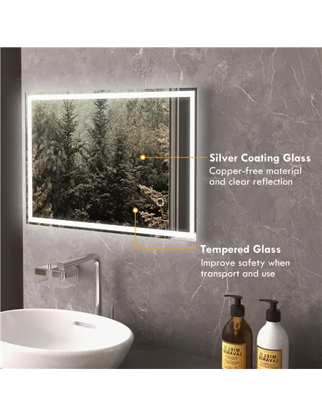 HOMCOM 70 x 50cm LED Bathroom Mirror with Lights, Dimmable Makeup Mirror, Vanity Mirror with 3 Colour, Smart Touch, Anti-Fog