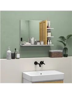 HOMCOM Bamboo Panel Bathroom Mirror, with Shelves - White 2