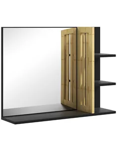 HOMCOM Bamboo Panel Bathroom Mirror, with Shelves