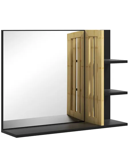 HOMCOM Bamboo Panel Bathroom Mirror, with Shelves