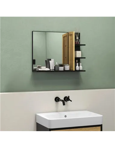 HOMCOM Bamboo Panel Bathroom Mirror, with Shelves
