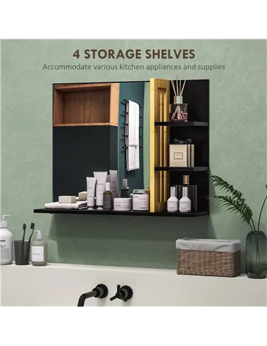 HOMCOM Bamboo Panel Bathroom Mirror, with Shelves