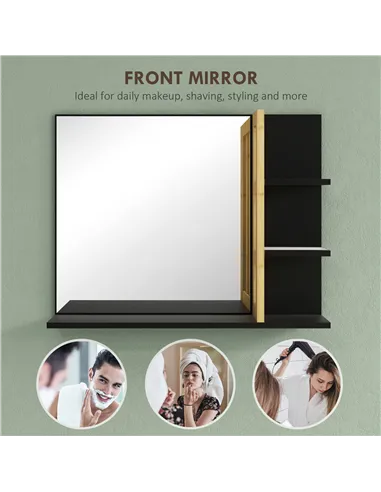 HOMCOM Bamboo Panel Bathroom Mirror, with Shelves