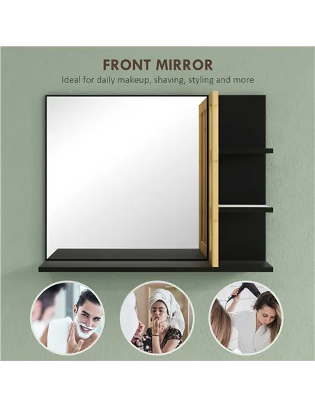 HOMCOM Bamboo Panel Bathroom Mirror, with Shelves