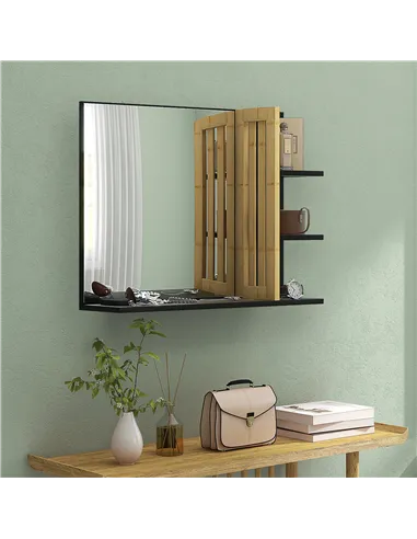 HOMCOM Bamboo Panel Bathroom Mirror, with Shelves