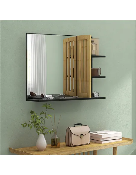 HOMCOM Bamboo Panel Bathroom Mirror, with Shelves