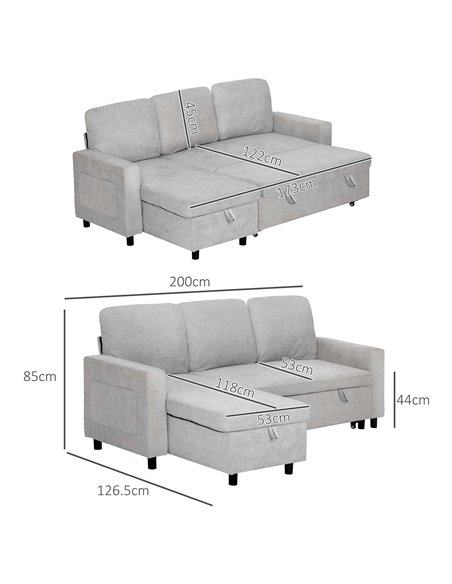 HOMCOM L Sofa Bed, with Storage - Light Grey