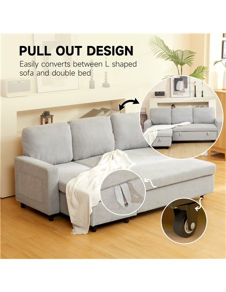 HOMCOM L Sofa Bed, with Storage - Light Grey