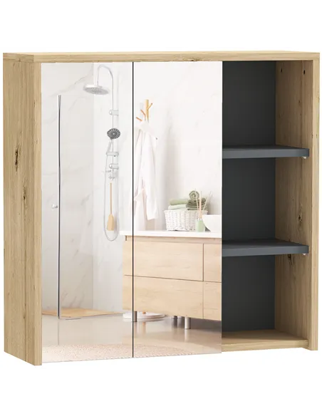 HOMCOM Five-Shelf Mirrored Bathroom Cabinet - Wood-Effect