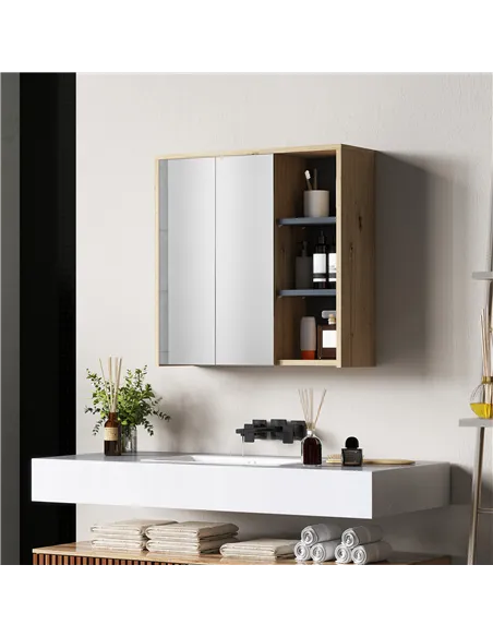 HOMCOM Five-Shelf Mirrored Bathroom Cabinet - Wood-Effect