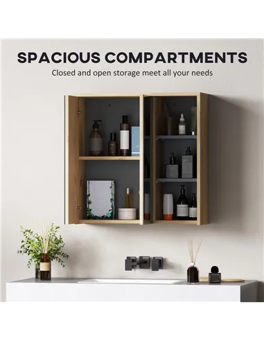 HOMCOM Five-Shelf Mirrored Bathroom Cabinet - Wood-Effect