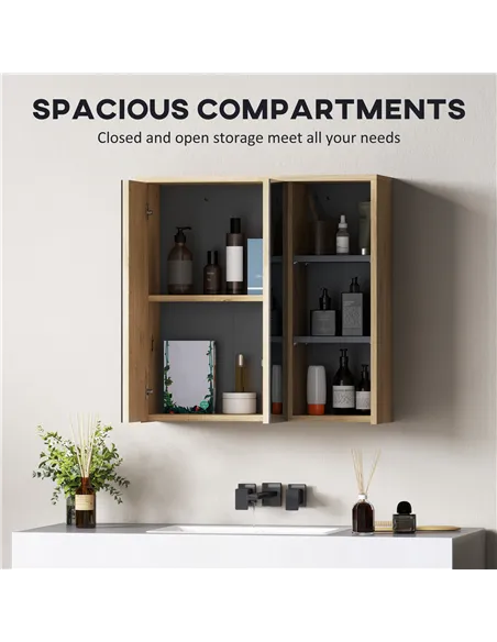 HOMCOM Five-Shelf Mirrored Bathroom Cabinet - Wood-Effect