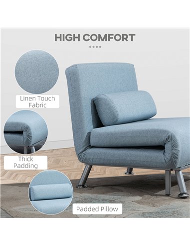 HOMCOM Linen Chair Bed, 3-in-1 Convertible Sleeper Chair with Adjustable Backrest, Pillow, for Living Room, Bedroom, Sky Blue
