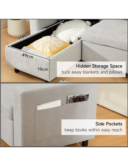 HOMCOM L Sofa Bed, with Storage - Light Grey